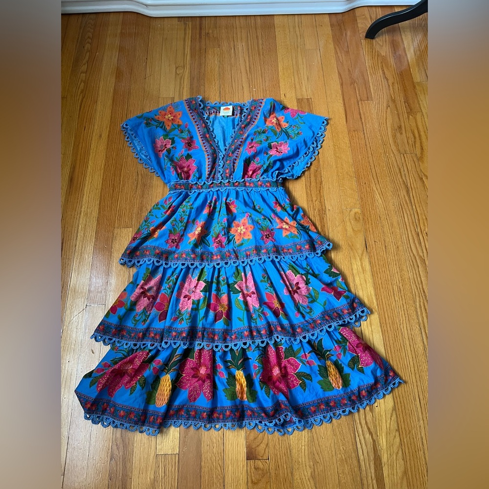 FARM Rio Blue and Pink Ruffled Tiered Midi Sundress M - Picture 5 of 13